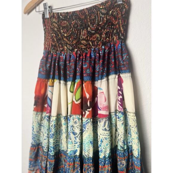 Recycled Silk Blend Floral Patchwork Tiered Ruffle Skirt Free Sz Gypsy Boho - Picture 2 of 8